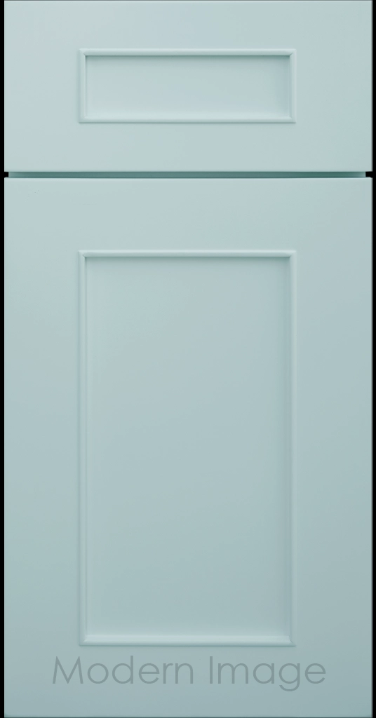 Chandler Shaker kitchen cabinet in Niebla Azul color, showing the raised trim surrounding the center panel.